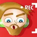 Ilustracja przedstawia animowaną twarz z brodą i słuchawkami na czerwonym tle, z ikoną nagrywania w rogu