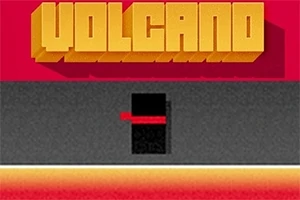 Duży żółty napis Volcano na czerwonym tle z czarnym kwadratem i czerwoną linią poniżej, gradient od żółtego do czerwonego na dole
