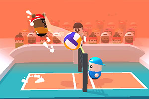 Dwie postacie w kreskówkowym stylu grają w siatkówkę na kolorowym boisku z publicznością w tle