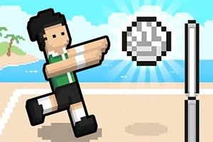 Pikselowa grafika postaci grającej w siatkówkę plażową, odbijającej piłkę na tle plaży i morza