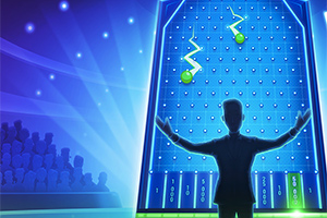 Sylwetka osoby stojącej przed dużą, świecącą, niebieską tablicą z widownią w tle