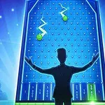 Sylwetka osoby stojącej przed dużą, świecącą, niebieską tablicą z widownią w tle