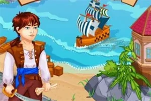 Młody pirat z mieczem stojący na plaży, w tle żaglowiec na morzu i domek przy wybrzeżu