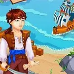 Młody pirat z mieczem stojący na plaży, w tle żaglowiec na morzu i domek przy wybrzeżu