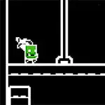 Pikselowa postać z zieloną twarzą na biało-czarnym tle z platformą i strzałką