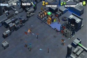 Widok z góry na futurystyczną bazę z obiektami przemysłowymi i postaciami zaangażowanymi w starcie