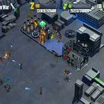 Widok z góry na futurystyczną bazę z obiektami przemysłowymi i postaciami zaangażowanymi w starcie