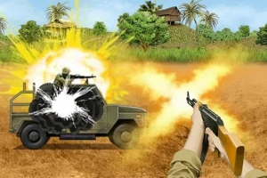 Strzelający z karabinu człowiek w kierunku wybuchającego pojazdu wojskowego na tle bujnej roślinności i budynków