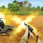 Strzelający z karabinu człowiek w kierunku wybuchającego pojazdu wojskowego na tle bujnej roślinności i budynków