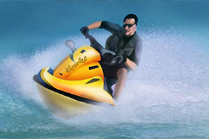 Mężczyzna w okularach przeciwsłonecznych jedzie żółtym skuterem wodnym po wzburzonym morzu