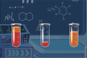 Trzy probówki z kolorowymi cieczami na tle tablicy z wzorami chemicznymi i komputerami w laboratorium
