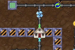 Rysunek przedstawia schemat rurociągów i złączy z małym domkiem pośrodku oraz niebieskim wentylatorem na brązowym tle