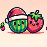 Urocze ilustracje arbuza w czapce świątecznej i truskawki z uśmiechami na jasnym tle, otoczone gałązkami ostrokrzewu