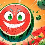 Szczęśliwy arbuz z dużymi oczami i szerokim uśmiechem otoczony kawałkami arbuza na pomarańczowym tle