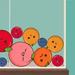 Urocze owoce z twarzami w różnorodnych kolorach leżą w szklanym pojemniku