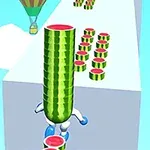 Postać niosąca stos plastrów arbuza na białej platformie w tle z balonem na ogrzane powietrze