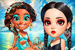 Dwie postacie z dużymi oczami, jedna w turkusowym stroju kąpielowym z ozdobami we włosach, a druga z czarnymi włosami i czerwonym makijażem, na tle morza i nieba