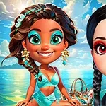 Dwie postacie z dużymi oczami, jedna w turkusowym stroju kąpielowym z ozdobami we włosach, a druga z czarnymi włosami i czerwonym makijażem, na tle morza i nieba