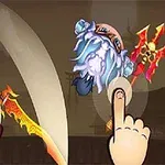 Postacie kreskówkowe walczące na miecze z dużym palcem wskazującym na ekranie