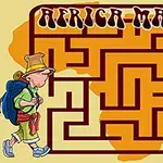 Labirynt z napisem Africa Maze na tle zarysu Afryki, obok postać podróżnika z plecakiem i kapeluszem