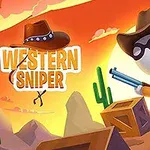 Postać w kowbojskim kapeluszu i okularach trzyma strzelbę na tle zachodu słońca na pustynnym krajobrazie z kaktusami i skrzyniami