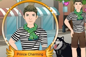 Mężczyzna w pasiastym stroju i zielonym szaliku stoi obok psa na tle miejskiej ulicy, z pokazanymi sercami w tle