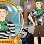 Mężczyzna w pasiastym stroju i zielonym szaliku stoi obok psa na tle miejskiej ulicy, z pokazanymi sercami w tle