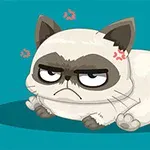 Kreskówkowy kot o gniewnym wyrazie twarzy z czerwonymi, złościącymi się symbolami nad uszami na turkusowym tle