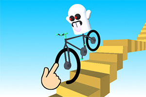 Duch na rowerze z czerwonymi oczami i wystawionym językiem, wskazywany przez palec, na tle schodów i błękitnego nieba