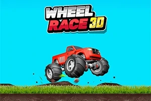 Czerwony samochód terenowy z dużymi kołami unosi się nad ziemią, na tle niebieskiego nieba z trawiastym podłożem, z napisem Wheel Race 3D na górze