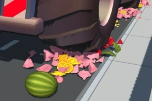 Ciężarówka przejeżdżająca po rozgniecionych owocach na ulicy