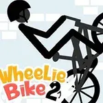 Czarna sylwetka rowerzysty w kasku wykonującego jazdę na jednym kole z napisem Wheelie Bike 2 u dołu