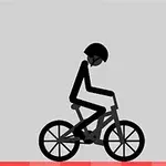 Czarna postać stickmana w kasku jadąca na rowerze na szarym tle z czerwonym pasem u dołu
