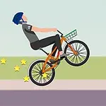 Osoba na rowerze z koszykiem jedzie na jednym kole, a za nią unosi się ślad z gwiazdek