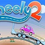 Czerwony i różowy samochodzik na tle napisu Wheely 2 w kreskówkowym stylu
