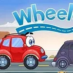 Czerwony samochód z oczami i fioletowy samochód z kapeluszem na drodze, z tytułem Wheely 3 na niebie w tle