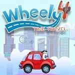 Czerwony samochód z oczami na tle futurystycznego miasta z napisem Wheely 4 Time Travel