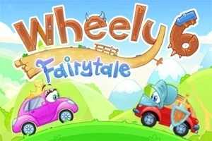 Dwie rysunkowe, bajkowe auta, różowe z koroną i czerwone z zbroją, stoją naprzeciw siebie na tle zielonych wzgórz z podpisem Wheely 6 Fairytale