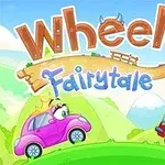 Dwie rysunkowe, bajkowe auta, różowe z koroną i czerwone z zbroją, stoją naprzeciw siebie na tle zielonych wzgórz z podpisem Wheely 6 Fairytale