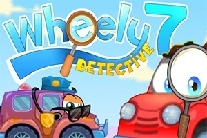 Czerwony samochód z lupą obok fioletowego samochodu policyjnego z okularami, na tle błękitnego nieba z napisem Wheely 7 Detective