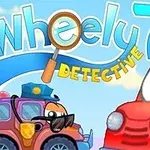 Czerwony samochód z lupą obok fioletowego samochodu policyjnego z okularami, na tle błękitnego nieba z napisem Wheely 7 Detective
