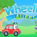 Czerwony samochodzik z oczami obok zielonego pojazdu kosmicznego na tle kolorowego napisu i krajobrazu z drzewami