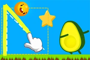 Rękawica rysuje linię między uśmiechniętą kulką a awokado z gwiazdą w tle na niebieskim tle