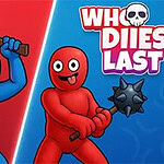 Dwóch kreskówkowych wojowników, niebieski trzyma siekierę, a czerwony maczugę, na tle podzielonym na czerwono-niebieskie połowy z napisem Who Dies Last
