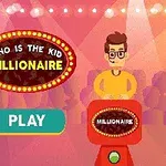 Scena przedstawia postać stojącą przy podium z dużym napisem Who is the Kid Millionaire i przyciskiem Play na kolorowym tle z reflektorami