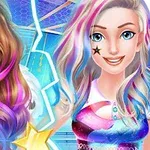 Dwie postacie z kolorowymi włosami i gwiazdkami na twarzach, z jasnym tłem i stylizacją inspirowaną muzyką pop