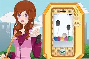 Kobieta z długimi rudymi włosami trzyma smartfon, obok znajduje się urządzenie z kolorowymi przyciskami na ekranie