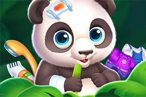 Słodka panda z plasterkiem na głowie zajada liście, w towarzystwie szczoteczki do zębów i dziecięcych ubranek na tle zieleni