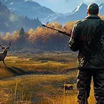 Myśliwy z karabinem stoi w jesiennym lesie, patrząc na jelenia, z górzystym krajobrazem w tle