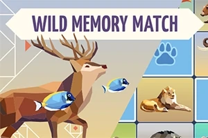 Ilustracja z geometrycznymi zwierzętami, w tym jeleniem, rybą i lwem, na tle z napisem Wild Memory Match